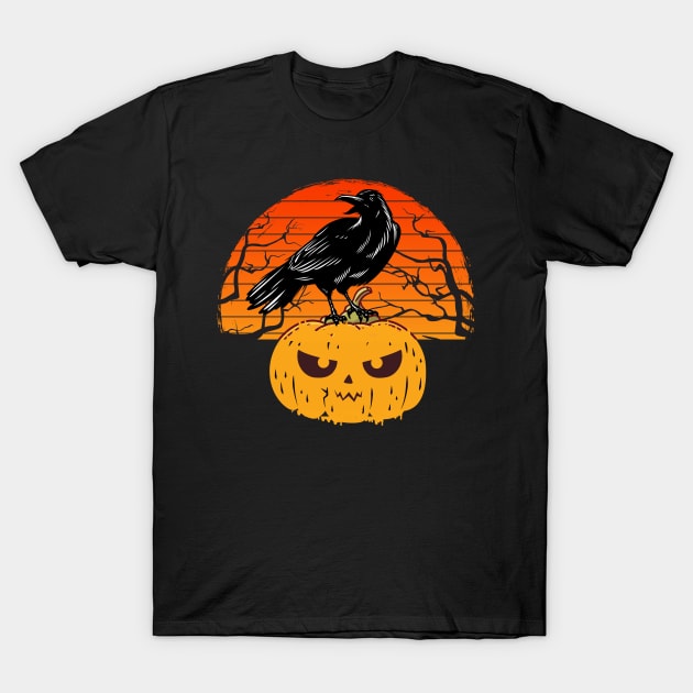 Retro sunset black crow or black raven with pumpkin T-Shirt by Tall One Apparel